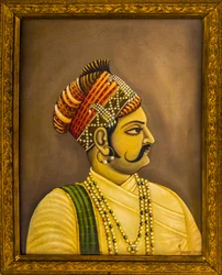 Peintures de Maharajas dans le Palais de la Ville, Jaisalmer, une ville exotique dans le désert du Thar, Jaisalmer, Rajasthan, Inde, Asie