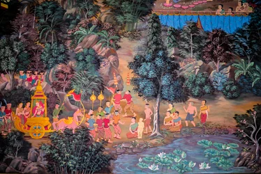 Peintures de scènes de village avec Bouddha en Thaïlande, Wat bang riang, Thub Pat, Phang Nga, Thaïlande, Asie
