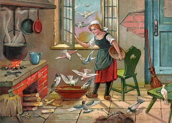 Jeune paysanne avec des pigeons (illustration vers 1920)