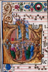 Bibliothèque Piccolomini : livre de chœur, cod. 23.8, ff. 66r avec « Ascension du Christ » (détail)