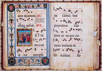 Bibliothèque Piccolomini : livre de chœur, cod. 26.R, ff. 29v-30r avec « Christ et tous les saints »