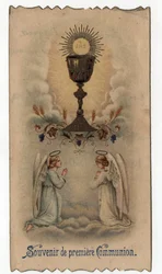 Image pieuse : deux anges prient devant un calice d