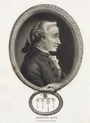 Portrait du philosophe Emmanuel Kant (1724-1804), dans un cadre formé par un serpent qui se mord la queue