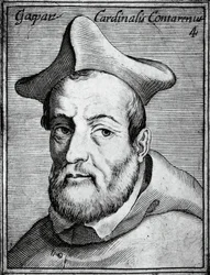 Portrait de Gasparo Contarini (1483-1542), cardinal et évêque italien, gravure tirée de Illustrissimorum, omnique virtutis, et scientiarum laude praestantissimoru virorum icones, par Claudius Pernetus