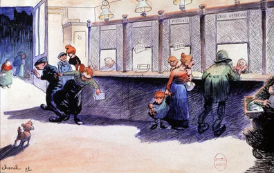 Bureau de poste à Paris avec guichets, aquarelle de Cheval