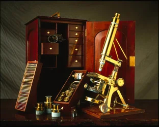 Microscope en laiton Powell et Lealand avec trois pieds équipé d