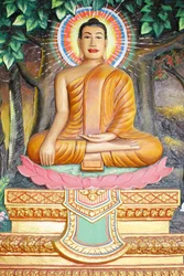 Vie du Bouddha. Méditation sur une fleur de lotus. Le Bouddha en position de toucher la terre