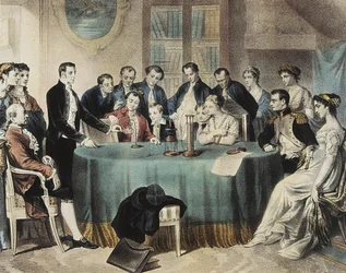 Présentation en 1801 des expériences sur la pile électrique au Premier Consul Napoléon Bonaparte par Volta (gravure).