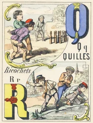 Q R : quilles, ricochets - Alphabet des jeux, vers 1890 (illustration)