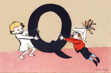 Q comme querelle - Alphabet enfants. C. M. éditeur, Paris. Cartes postales peintes à la main, affranchies en 1904. Dimensions : 14 x 9 cm
