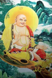 Pagode bouddhiste Quan The Am. Peinture du Bouddha souriant. Danang, Vietnam