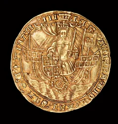 Rare pièce anglaise, or Ryal, reine Marie (Marie la Sanglante) sur un navire avec épée et bouclier