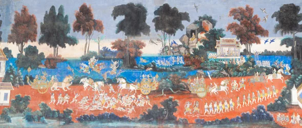 Fresques du Reamker ornant les murs du complexe du palais royal à Phnom Penh, Cambodge