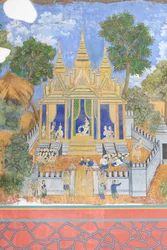 Fresques du Reamker ornant les murs du complexe du palais royal à Phnom Penh, Cambodge (photo)