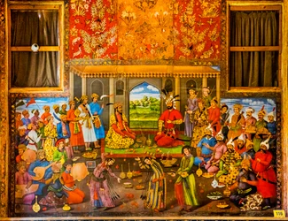 Réception du souverain moghol Humayun 1544, fresques avec scènes de cour et scènes de bataille, Palais de Chehel Sotoun, Ispahan, Iran, Asie (photo)