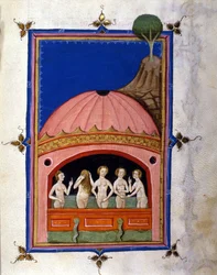 Représentation des bains. Page du manuscrit « De Balneis Puteolanis » (Les Bains de Pouzzoles) par Pietro da Eboli (actif vers 1196-1220)