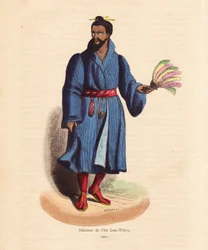 Résident des îles Ryu Kyu (Okinawa, Japon) - Homme des îles Lou-Tchou (îles RyukYu ou Okinawa moderne) - Gravure sur bois coloriée à la main par Mercier de Habits, Usages et Costumes de tous les Peuples du Monde, Asie, par Auguste Wahlen, pseudonyme de Jea