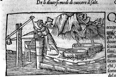 Production de sel : cuisson. Gravure par Olaus Magnus (1490-1557), religieux et géographe suédois, « Historia de Gentis Septentrionalibus », Venise