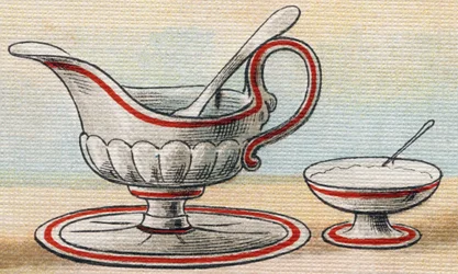 Saucière et sucrier. Gravure dans "Alphabet de ma petite fille". Bernardin-Bechet et Fils, libraires-éditeurs, Paris, vers 1895.