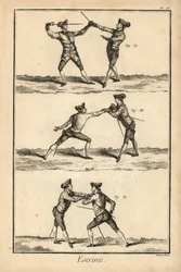 Deuxième position du désarmement en tierce, désarmement sur la carte ou seconde estocade, et deuxième position du désarmement sur la carte. Gravure sur cuivre par Robert Benard de la section Escrime de l