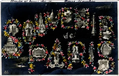 Souvenir de Paris avec différents monuments de la ville - Carte postale datée de 1905
