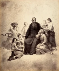 Saint Benoît en trône entouré de jeunes avec des gerbes de blé et des paniers de fruits. Illustration du Chant XXXII du Paradiso de La Divine Comédie de Dante Alighieri. Œuvre de Francesco Scaramuzza dédiée à la Municipalité de Florence