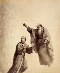 Saint Bernard indique à Dante la Rose des bienheureux où Beatrice est assise. Illustration du Chant XXXI du Paradis de La Divine Comédie de Dante Alighieri. Œuvre de Francesco Scaramuzza dédiée à la Municipalité de Florence.