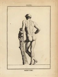 Statue de Mercure, dieu romain du commerce et de la communication, avec un chapeau ailé petasos et une peau de chèvre