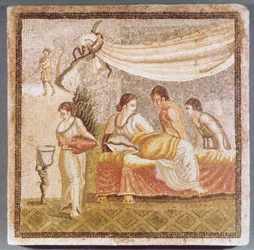 La mosaïque de Centocelle représentant une femme allongée assistée par des serviteurs, copie d
