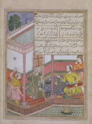 La Vingt-Septième Nuit : Zarir et deux autres tisserands vendent du tissu à un homme tenant une bourse, du Tuti Nama (Tutiname) vers 1580 (vélin)