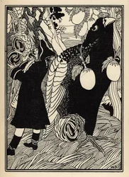 Le baron découvre les grands oiseaux et les rôtis sur les arbres aux États-Unis. Illustration de William Strang (1859-1921) et JB Clark des « Aventures du Baron de Münchhausen » par Rudolf Erich Raspe (1736-1794) (1789)