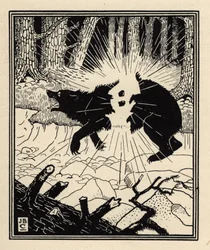 Le baron fait exploser un ours noir avec deux pierres à feu. Illustration de William Strang (1859-1921) et J. B. Clark tirée des « Aventures du baron de Munchausen (Munchhausen) » de Rudolf Erich Raspe (1736-1794) (1789)