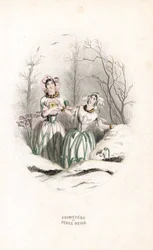 Les fées percent la neige et la primevère dans un paysage enneigé - Eau-forte par Charles Geoffroy (1819-1882), d