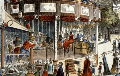 Le manège à la fête foraine, fin du 19e siècle (gravure)