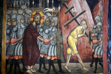 La passion du Christ, Simon porte la croix, fresque byzantine du monastère d
