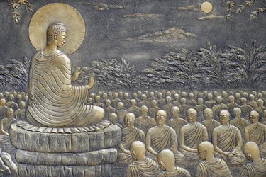 Tinh Xa Ngoc Chau temple bouddhiste, La Vie du Bouddha, Siddhartha Gautama, Bouddha avec des disciples, enseignant, Chau Doc, Vietnam, 2018