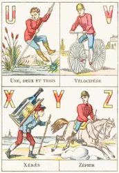 U V X Y Z ; U : Une, deux et trois ; V : Vélocipède ; X : Xérès ; Z : Zéphir - Alphabet des jeux, c.1890
