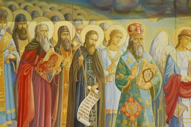 Ukraine, Kiev, Monastère orthodoxe Saint-Michel (orig 1108, reconstr. 2001), fresque extérieure