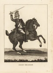 Uniforme de cavalerie légère, avec épée, mousquet et casque