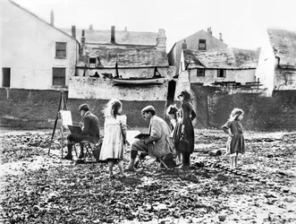 Royaume-Uni : Artistes peignant près de la rivière Torridge, Appledore, Devon