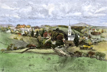 États-Unis, État du New Hampshire : Village de New Boston, New Hampshire années 1800. Gravure en couleur du XIXe siècle
