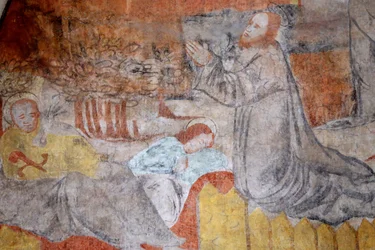 Église de Lugny. Peinture murale du 16ème siècle. Christ dans sa passion. Gethsémani, Jésus prie, tandis que les disciples se reposent. France
