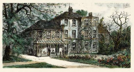 Vue de la maison de Charles Darwin (1809-1882) où il rédigea "The origin of the species". Gravure du 19ème siècle