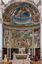 Vue de la nef et du presbytère avec les Histoires de la Vierge, Duomo, Cathédrale de S. Maria Assunta, Spoleto, Ombrie, Italie