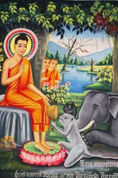 Peinture murale : Scène de la vie du Bouddha. Bouddha nourri par un singe pendant son jeûne