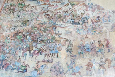 Peintures murales au portail de Qeysarieh, place Imam Naqsh-e Jahan, Ispahan, Iran