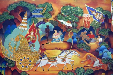 Temple bouddhiste thaïlandais Wat Ananda Metyarama. Peinture de la vie du Bouddha, 20160818, Singapour