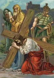 Chemin de croix - Via crucis - Stations du chemin de croix : Septième station, Jésus tombe pour la deuxième fois. Chromolithographie. Collection privée