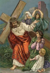 Chemin de croix - via crucis - Stations du chemin de croix : huitième station, Jésus rencontre les femmes de Jérusalem Chromolithographie Collection privée
