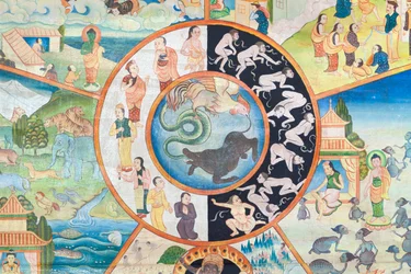 Roue de la vie, détail, peinture murale au wat Umong, Chiang Mai, Thaïlande